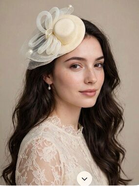 Cream Mini Fascinator Hat with Tulle Accent - Women Accessories Hats